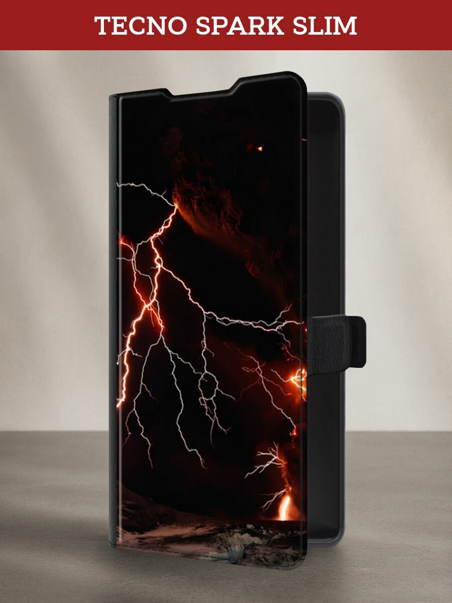 Чехол-книжка на Tecno Spark Slim / Текно Спарк Слим с принтом молния 4, черный