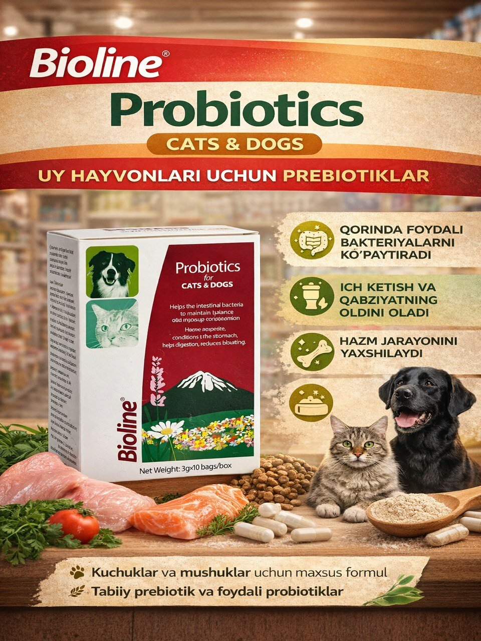 Пробиотики Bioline для кошек и собак – здоровый кишечник, сильный иммунитет(10шт).