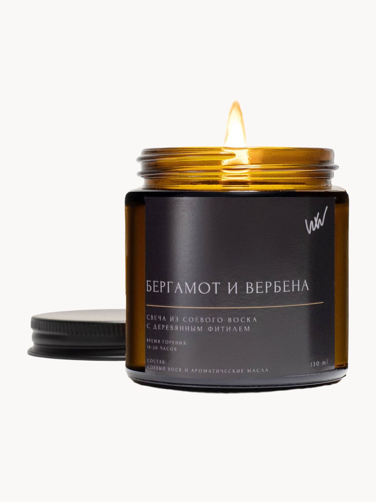 Свеча ароматическая WHALEWAY "Бергамот и вербена", соевый воск/деревянный фитиль, 110 ml