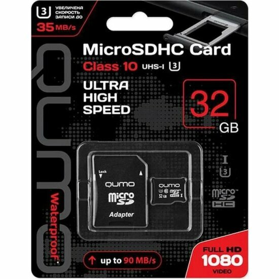Карта памяти Qumo MicroSDHC 32Gb Сlass 10 UHS-I + ADP (QM32GMICSDHC10U3)