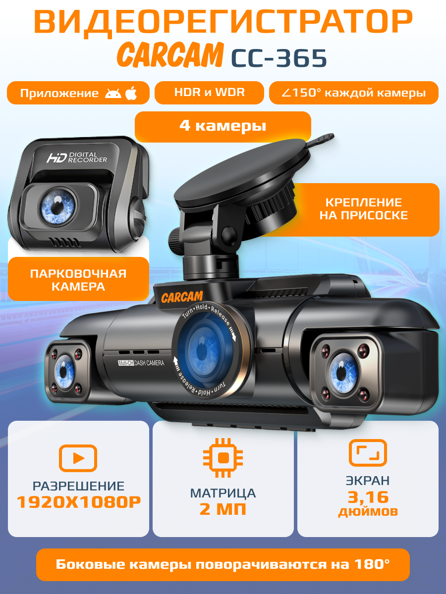 Автомобильный видеорегистратор CARCAM 4CH FullHD (4x1080p) Super Real View 360º WiFi DASH CAM GPS DVR CC-365