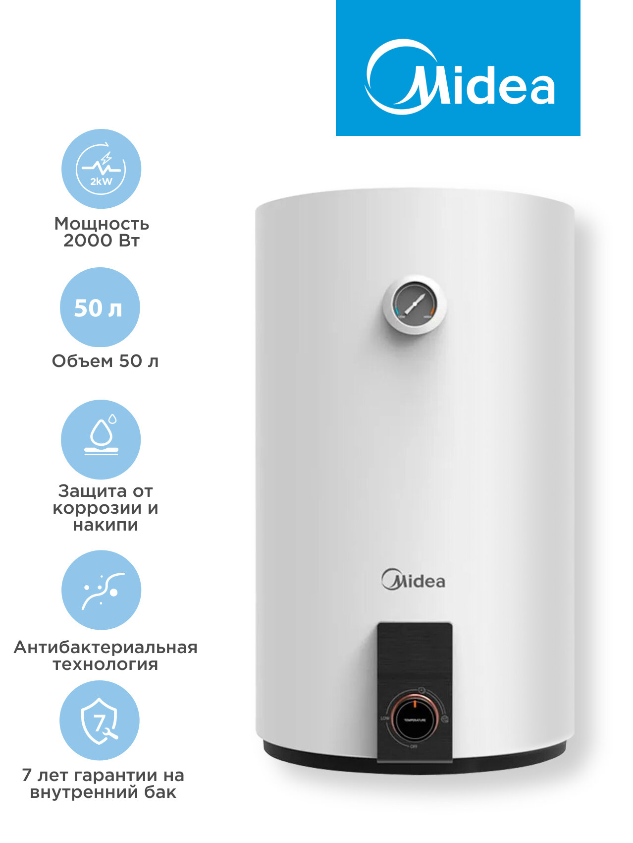 Накопительный водонагреватель Midea MWH-5015-CVM 1500 Вт 50 л защита от коррозии антибактериальная технология круглый белый