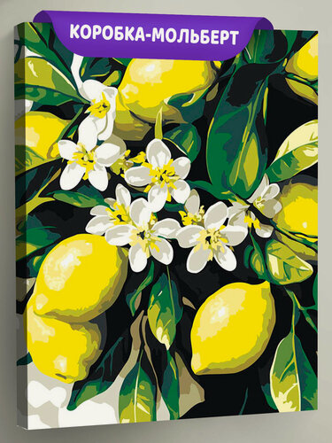 Изображение товара Картина по номерам на холсте с подрамником "Зеленая ветка с лимонами и цветами" Раскраска 40x50 см, Природа Еда