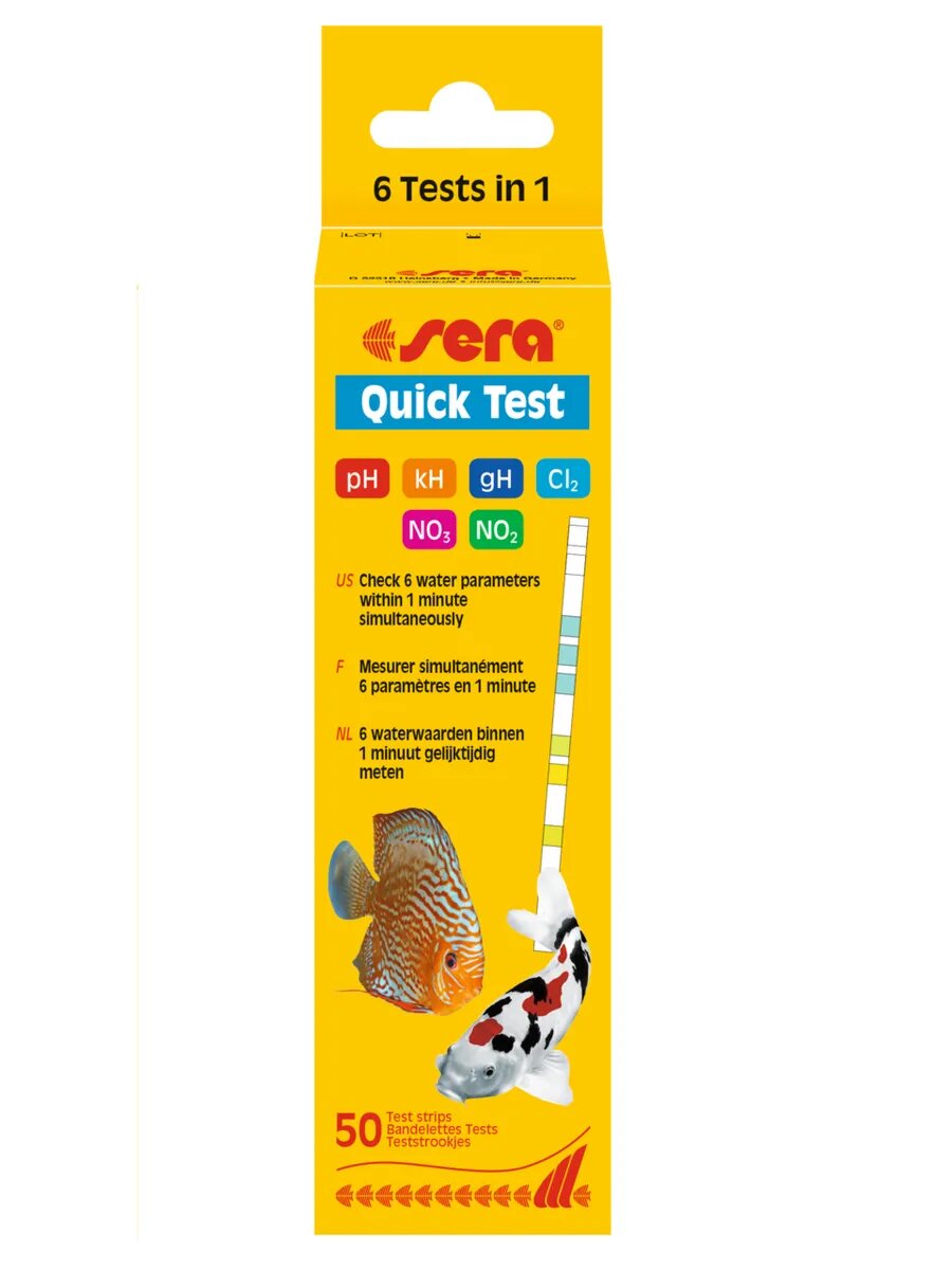 Тесты для воды экспресс-полоски Sera QUICK TEST 6 in 1, рН, GH, KH, NO2, NO3, CL2, 50 полосок