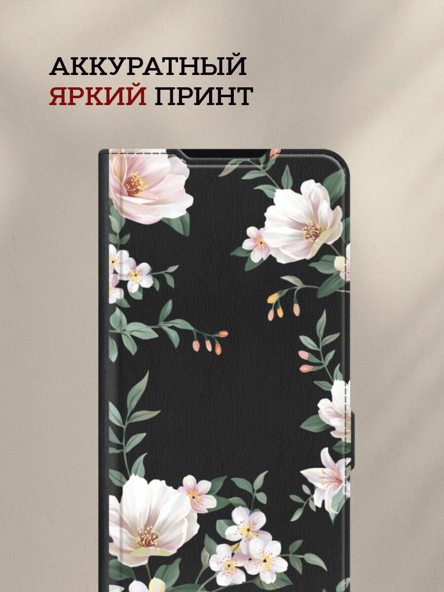 Чехол-книжка на Infinix Hot 60 Pro Plus / Инфиникс Хот 60 Про Плюс с рисунком Beautiful white flowers, черный — фото 1