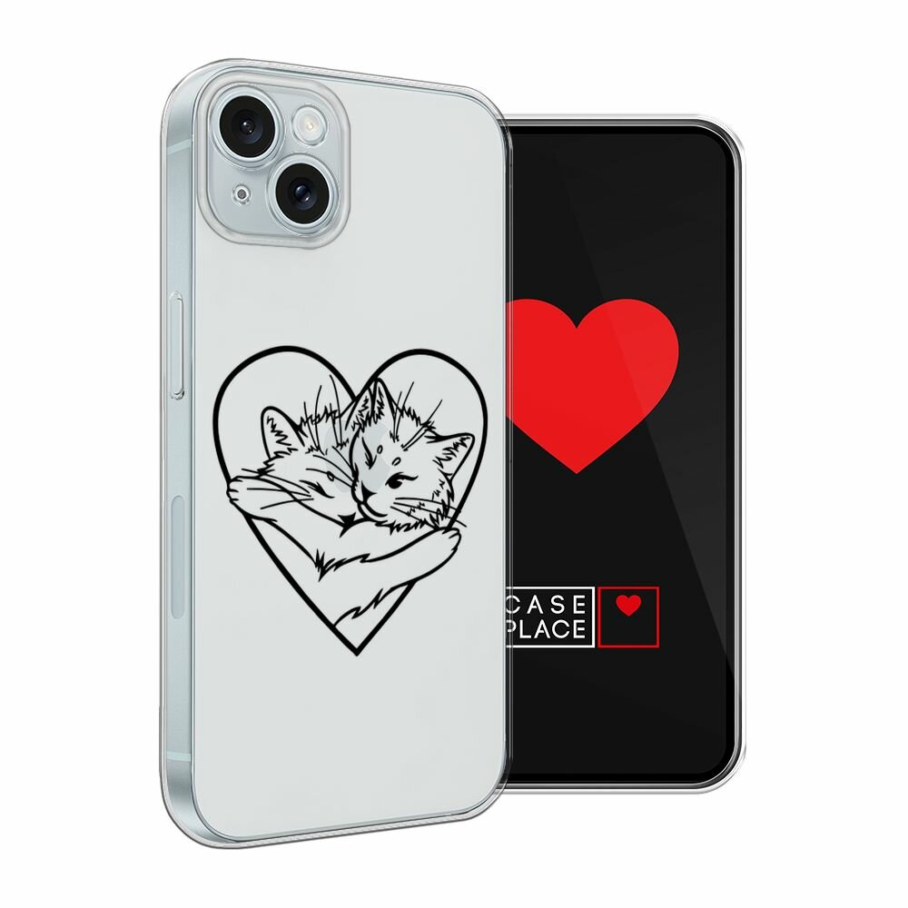 Чехол на Apple iPhone 15 Plus / Айфон 15 Плюс с принтом "Влюблённые котики рисунок 3 - 14 февраля", прозрачный — фото 1
