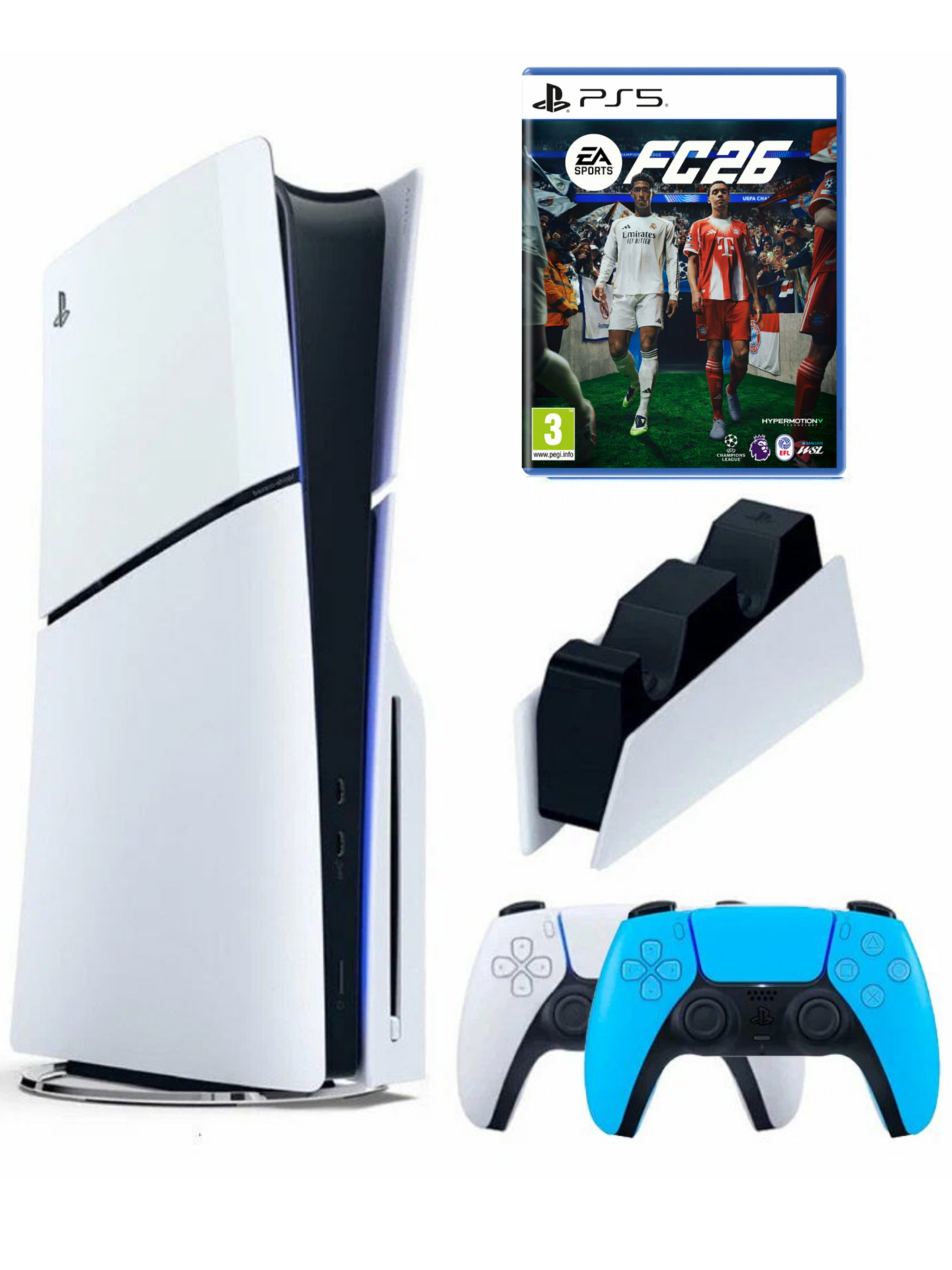 Игровая приставка Sony PlayStation 5 Slim, с дисководом, 1 ТБ, 2й геймпад голубой, зарядная станция, Fifa 26