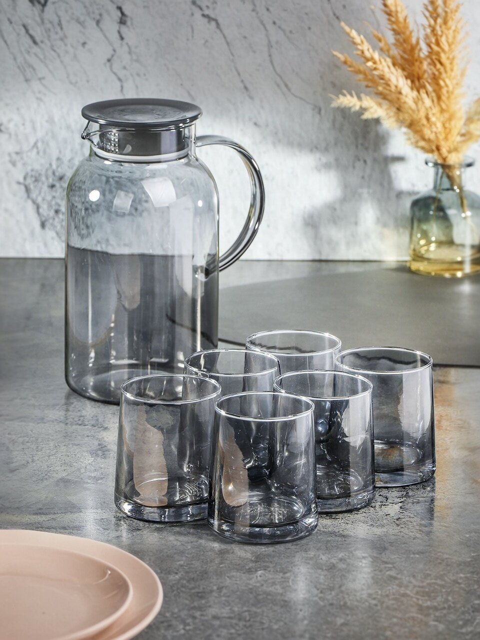 Набор для горячих и холодных напитков боросиликатное стекло 7 предметов кувшин 1.8 л 6 стаканов 240 мл Графитовый туман B050170