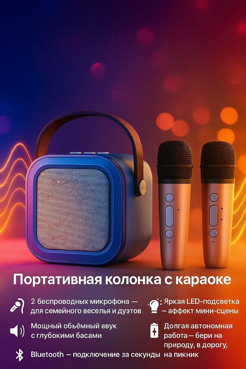 Колонка беспроводная караоке для детей с 2 микрофоном блютуз
