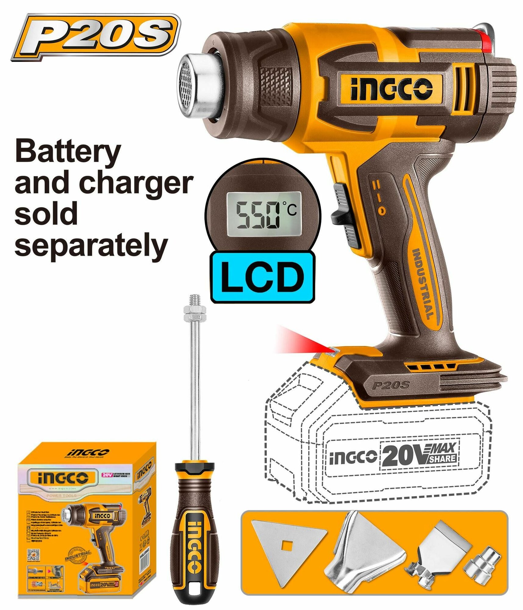 Фен аккумуляторный 20В без АКБ и ЗУ, ЖК дисплей, коробка HGLI2003 INGCO