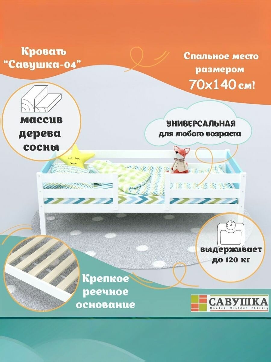 Кровать детская с бортиками деревянная 70х140 Савушка 04 Белая голубая основание в комплекте