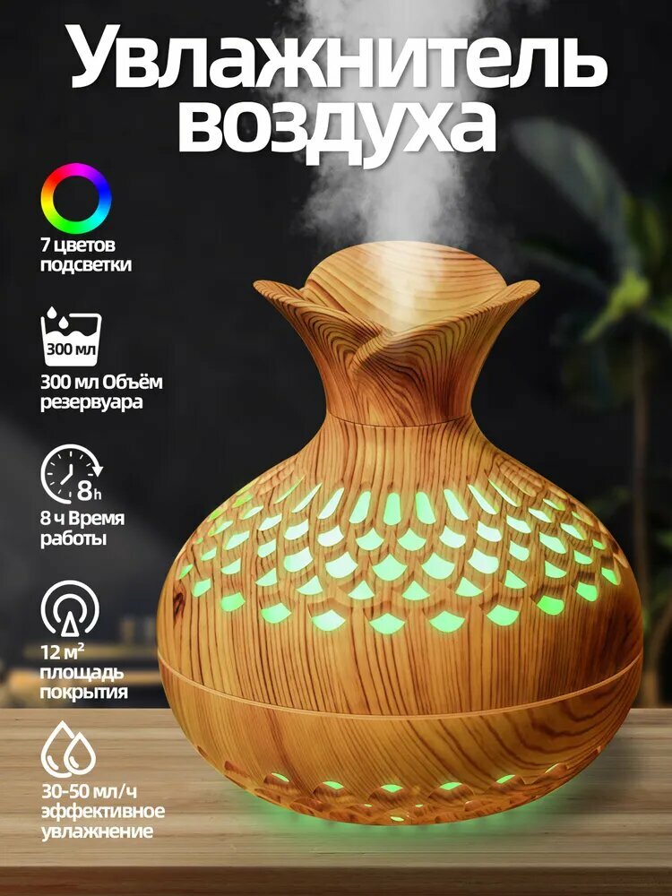 Увлажнитель воздуха PUPUFIK с аромадиффузором и подсветкой, ультразвуковой, 300 мл, для дома и офиса