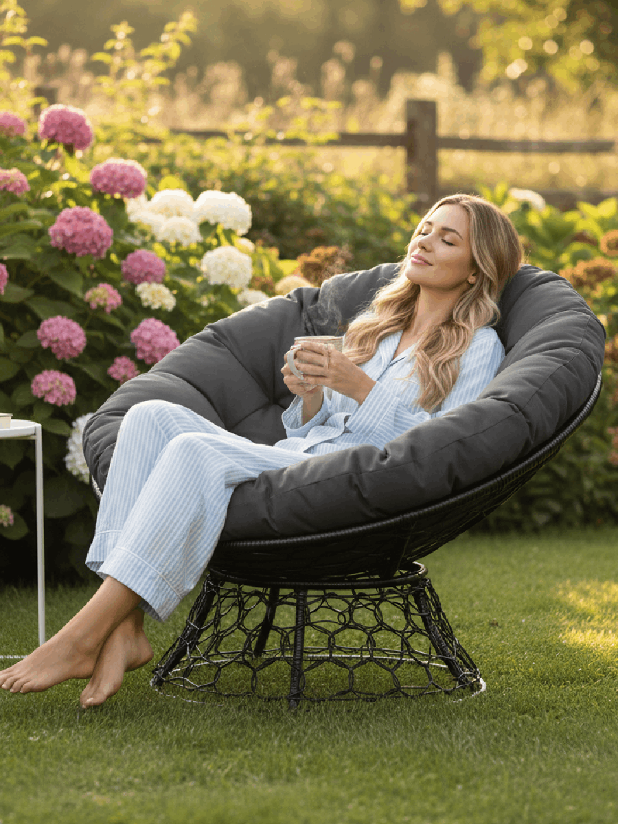 Кресло для дачи Папасан с ротангом, чёрный каркас, серая подушка 98×98×75 — фото 1