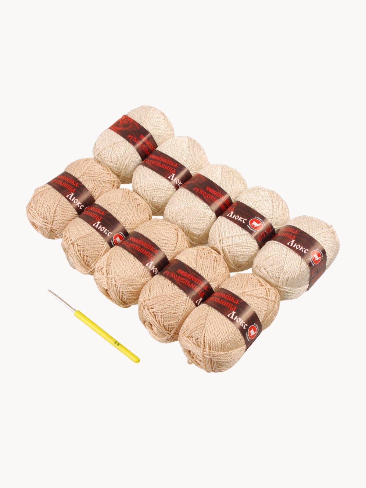 Пряжа Хозяюшка-рукодельница Люкс, 50 г/140м, дуэт №4 5+5 шт белый/крем + крючок №3.5