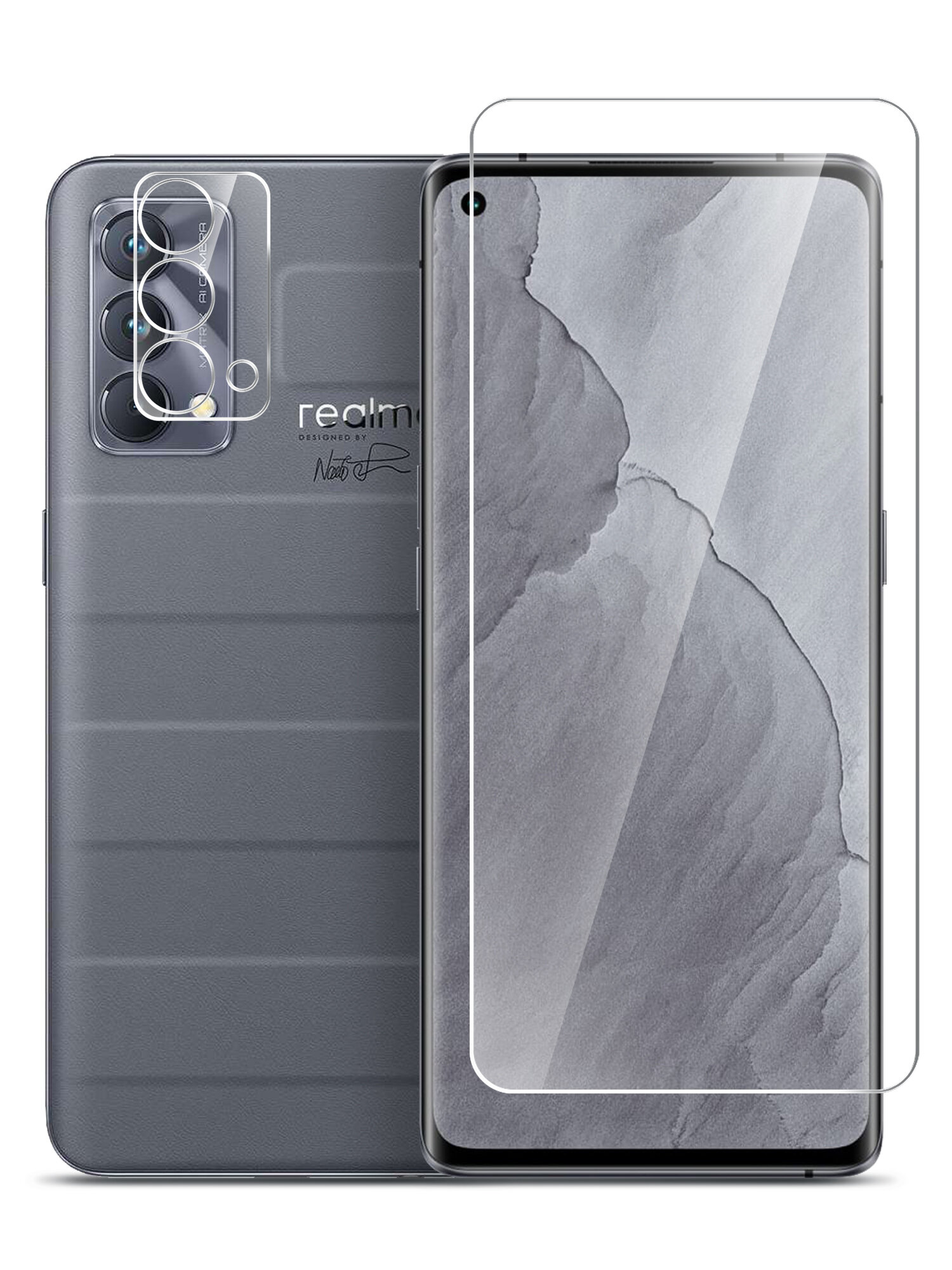 Защитное стекло на Realme GT Master Edition (Реалми ГТ Мастер Едишн) гибридное - пленка + стекловолокно на Экран и Камеру прозрачное, силиконовая клеевая основа тонкое Hybrid Glass, Miuko