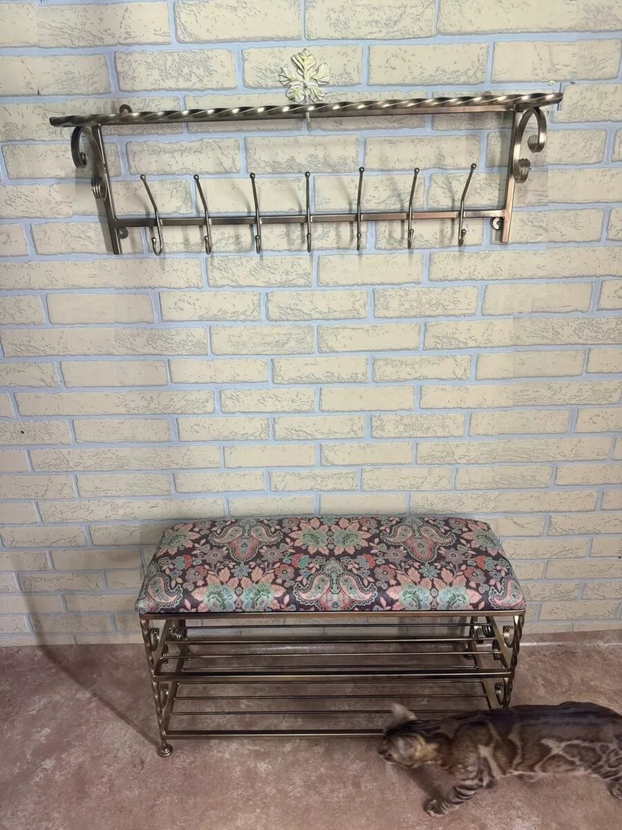 Кованая прихожая, вешалка + банкетка, Студия кованой мебели Нива, цвет античная бронза/красновато-бордовый — фото 1