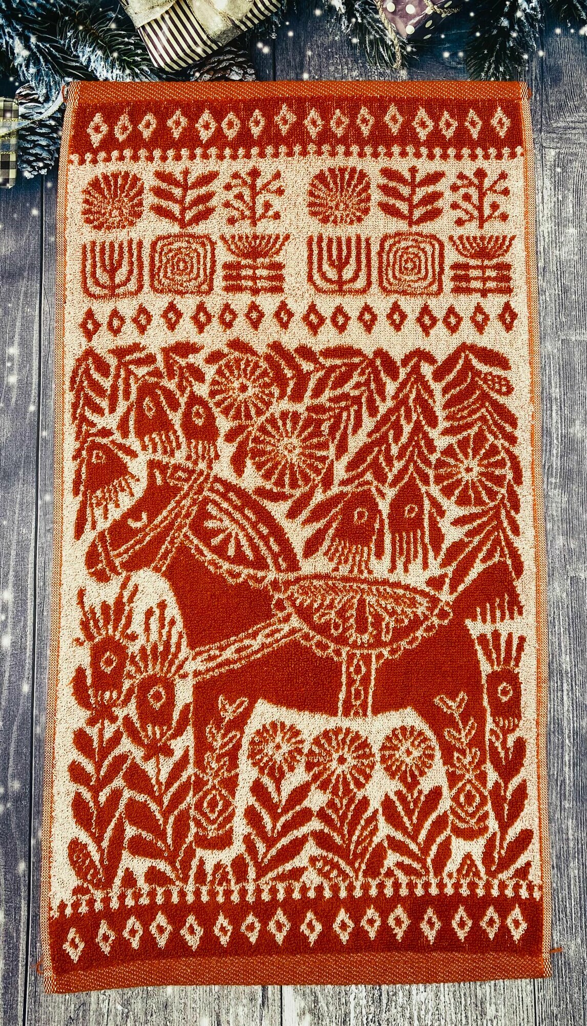 Полотенце махровое кухонное, для рук и лица, ручное в подарок на Новый год двухстороннее Лошадь Рыжий Расписной пони 30*60 см