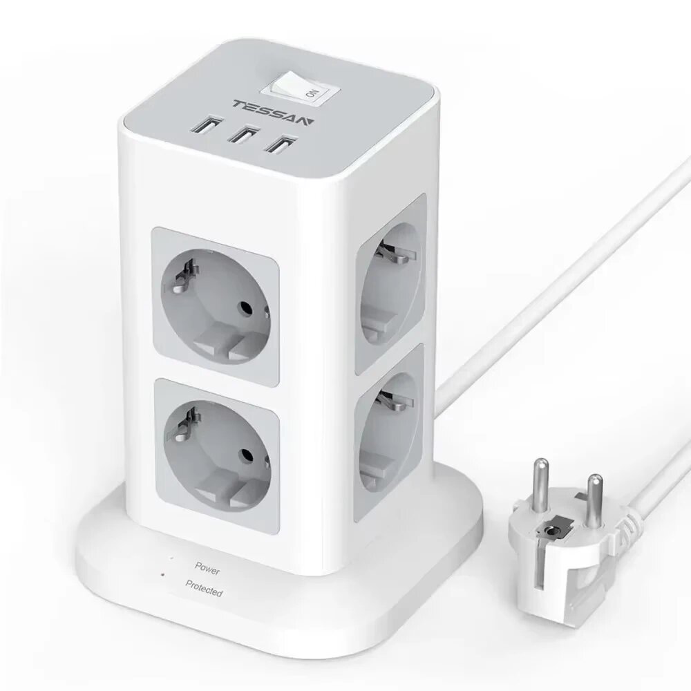TESSAN TPS03-DE-C удлинитель 8 розеток с USB 2 м серого цвета