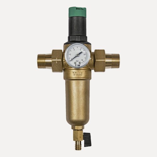 Изображение товара Фильтр с редуктором давления 1" самоочищающийся с манометром, американками и дренажем, латунная колба, TIM, JH-3007