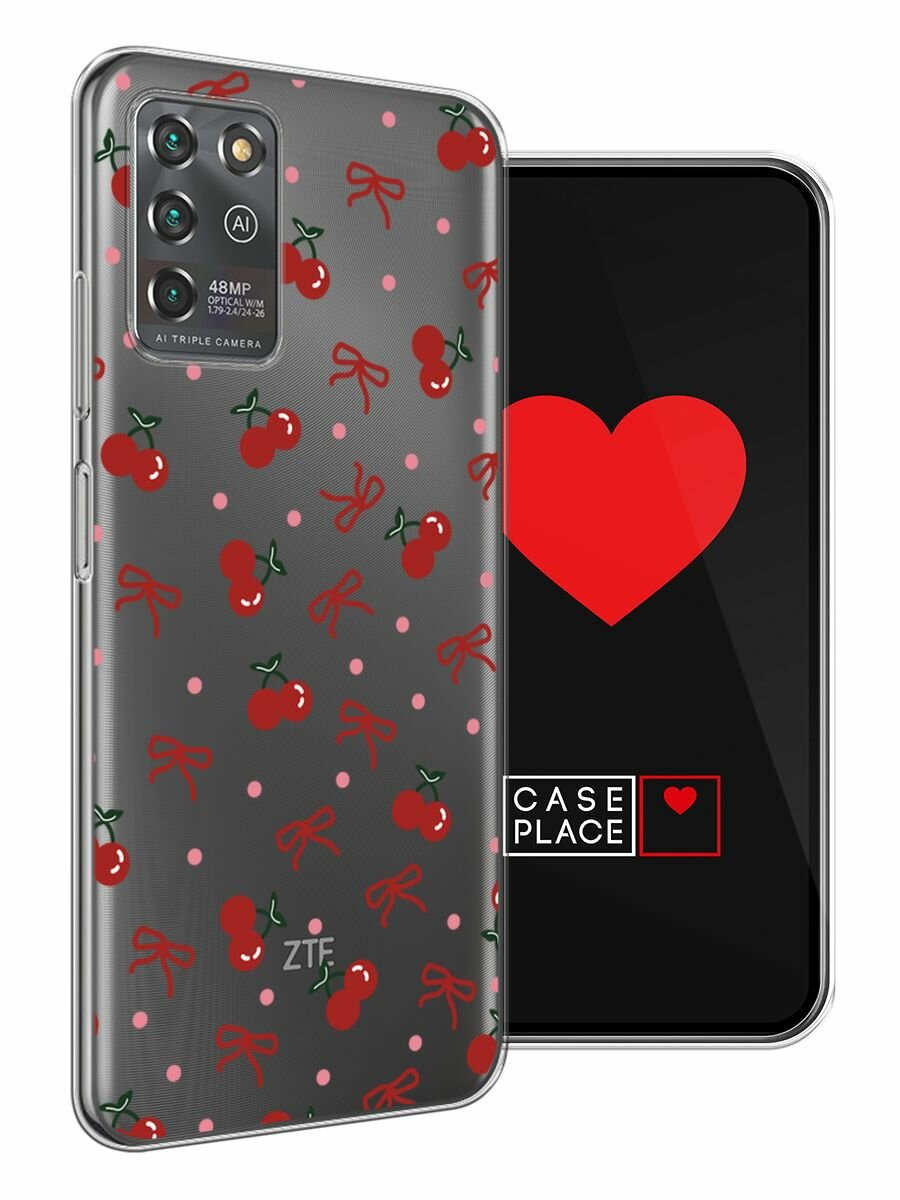 Чехол на ZTE Blade V30 Vita / ЗТЕ Блейд V30 Вита с принтом "Вишни и ленточки", прозрачный — фото 1
