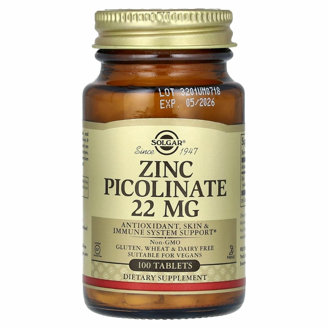 Добавка Solgar Zinc Picolinat, цинк пиколинат, 22мг, 100шт, без вкуса, без ГМО