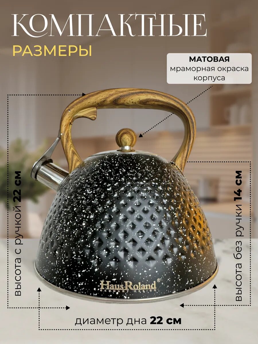 Большой чайник 3л со свистком — Подходит для всех типов плит, матовая поверхность