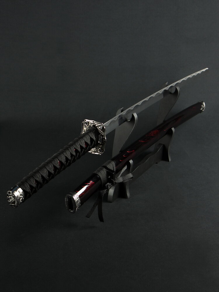 Меч самурайский с ножнами из бордово-черного мрамора и цубой из серебра