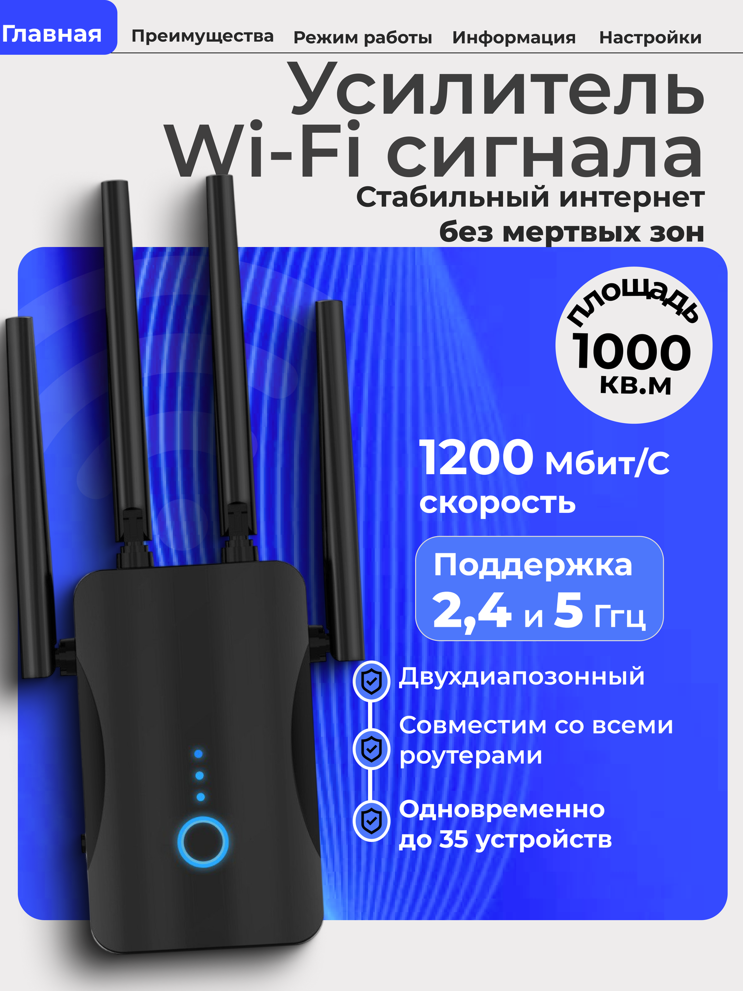 Усилитель wifi сигнала репитер wifi сигнала для увеличения зоны покрытия вай фай 24 и 5 ГГц 1200 Мбит/с