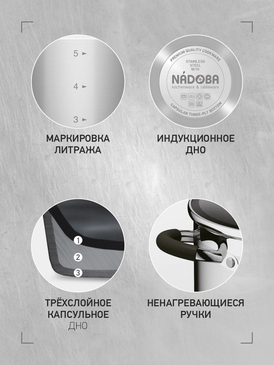 Кастрюля из нержавеющей стали с крышкой, для индукционной плиты, 18 см/2,1 л, NADOBA — фото 1