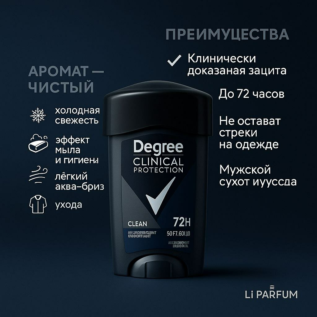 Degree Clinical Protection Clean Prescription Strength, защита от пота, 72 часа, свежий аромат 48 г — фото 1