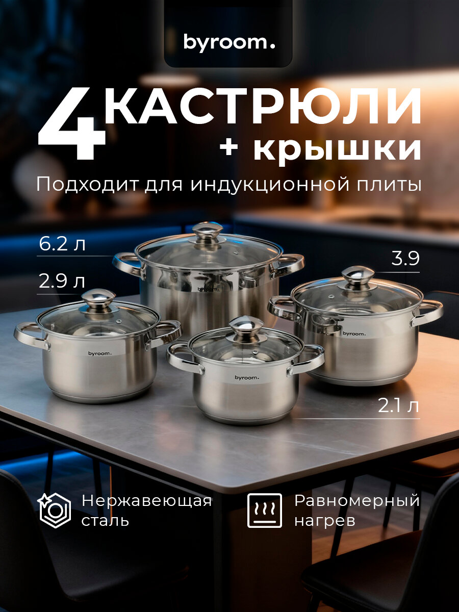 Набор кастрюль BYROOM PS-6 CooK, нержавеющая сталь, 4 шт с крышками.