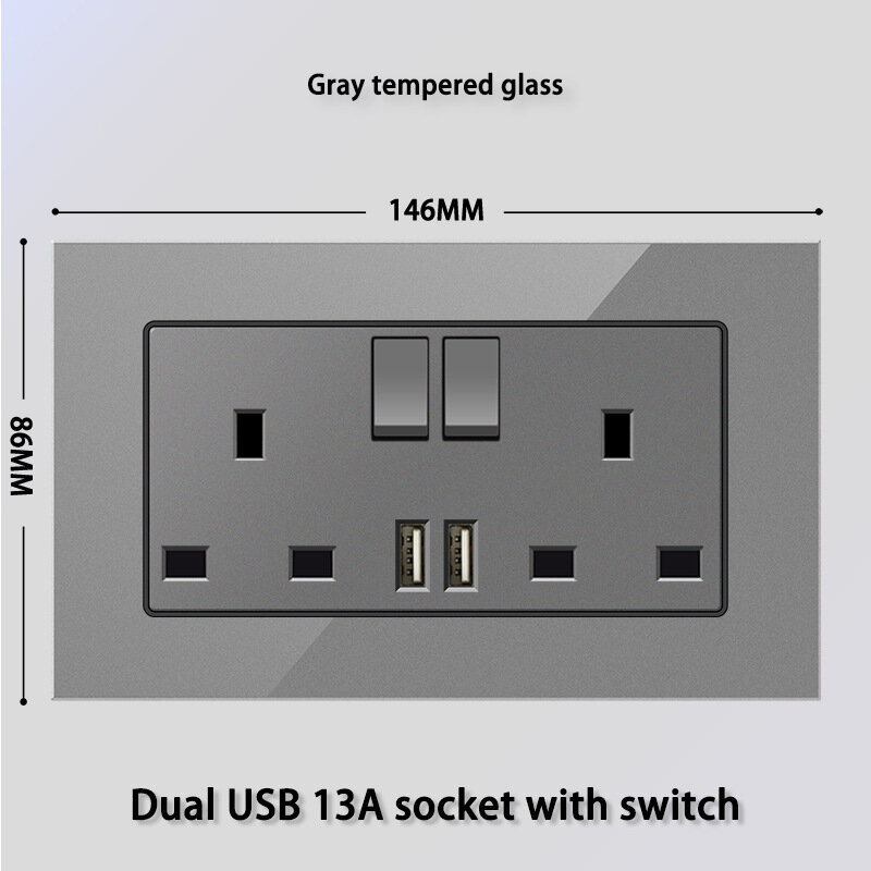 Британский двойной разъем 13А с USB, панель из закаленного стекла, домашнее использование, серый цвет, размеры 146 мм