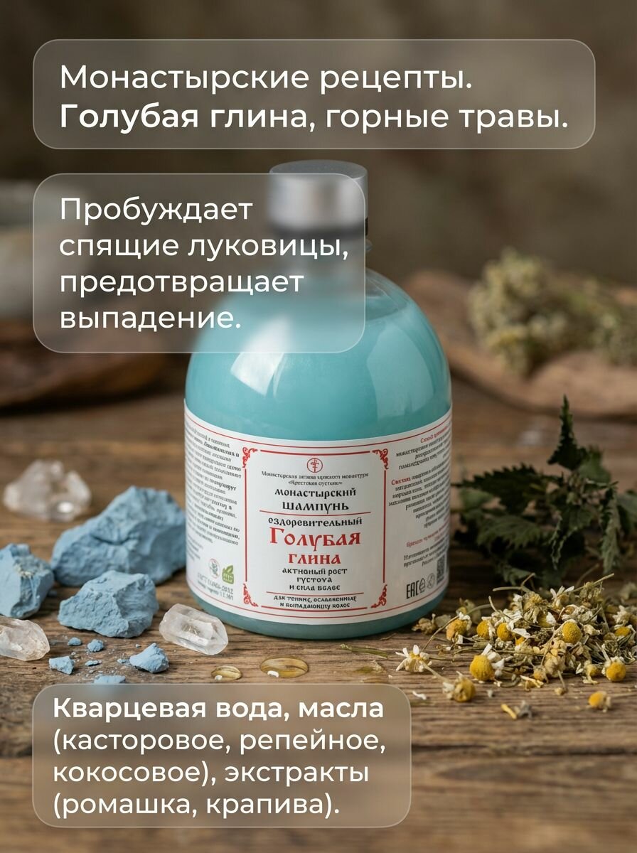 Шампунь для тонких и ослабленных волос Голубая глина с горными травами, 500 мл