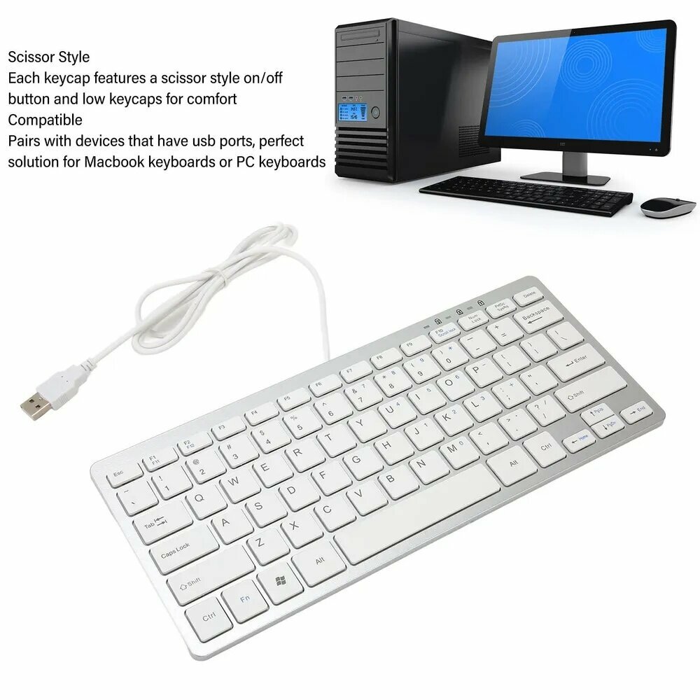 Клавиатура, Проводная USB-клавиатура с тонким алюминиевым корпусом, компактная для офиса и учёбы — фото 1