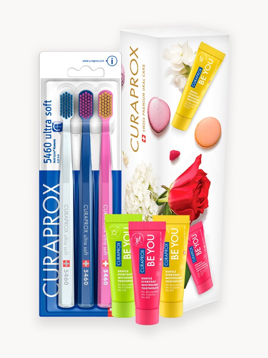 Curaprox Набор "Трио" белый-синий-розовый зубные щетки + пасты