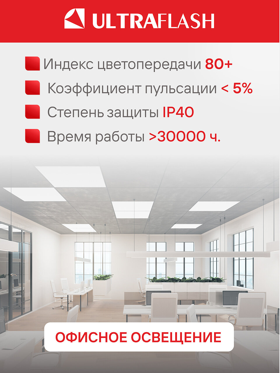 Светодиодная панель универсальная Ultraflash, 36W, IP45, 595х595, металл, пластик — фото 1
