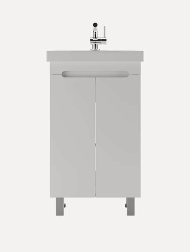 Изображение товара Тумба с раковиной Айсберг Аура 50 напольная, 50,5 см, белая, глянцевая, из МДФ, с дверками, раковина для ванной, фарфоровая, прямоугольная, встроенный слив-перелив