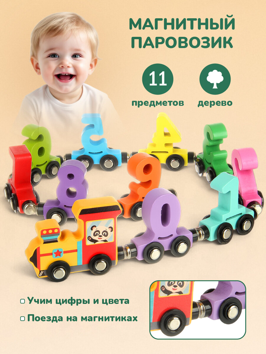 Обучающая деревянная игрушка железная дорога  Паровозик магнит  Цифры   Фабрика Фантазий