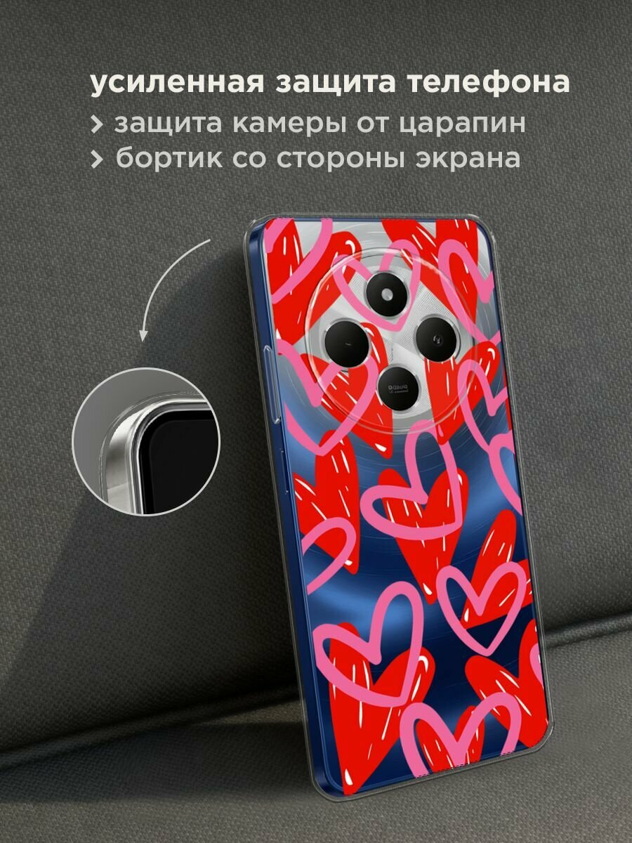 Чехол на Xiaomi Redmi 14C/Poco C75 4G/Redmi A4 5G/Poco M7 5G с принтом "Hearts doodles - 14 февраля", прозрачный — фото 1