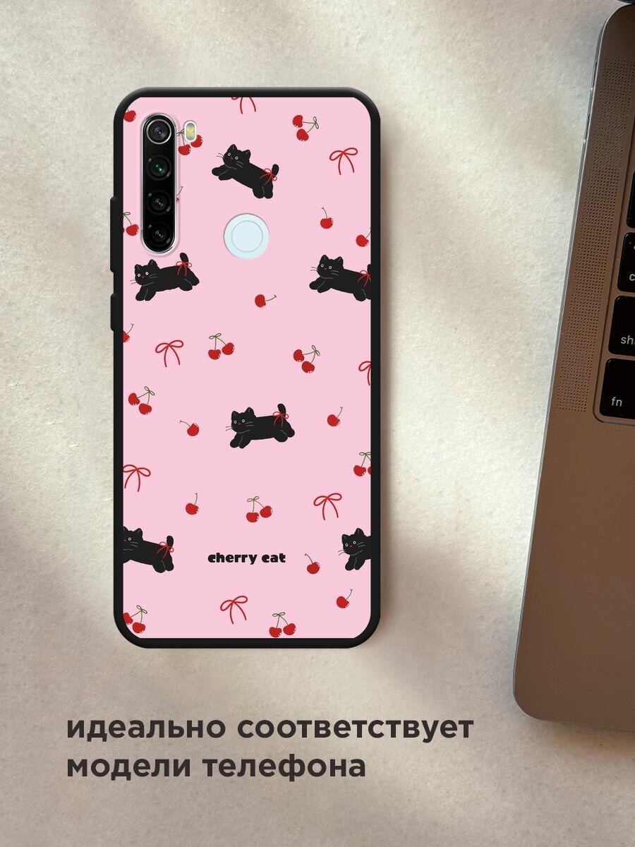 Черный матовый чехол на Xiaomi Redmi Note 8T / Сяоми Редми Нот 8Т с принтом "Cherry cat" — фото 1