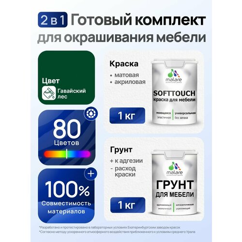 фото Комплект malare для окрашивания мебели, кухонных фасадов (1кг грунт + 1кг краска), без запаха, цвет гавайский лес