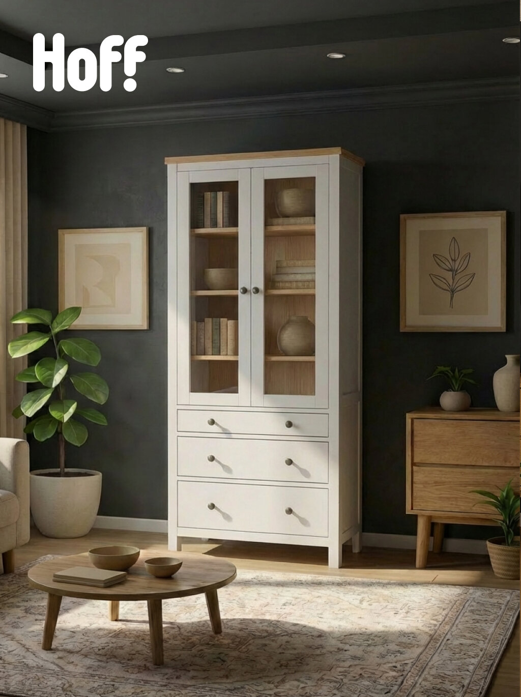 Шкаф-витрина с 3 ящиками Эванс напольный 90х198х37 см массив сосны/стекло цвет белый светло-коричневый