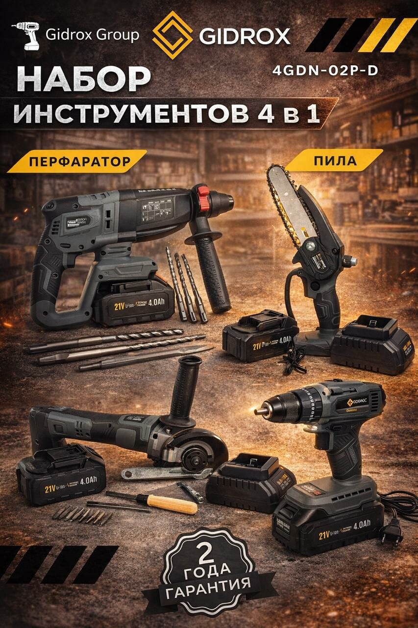 Аккумуляторный набор инструменты, шуруповерт, болгарка, перфоратор, аккумуляторная пила, 4 в 1GIDROX 4GDN-02P-D
