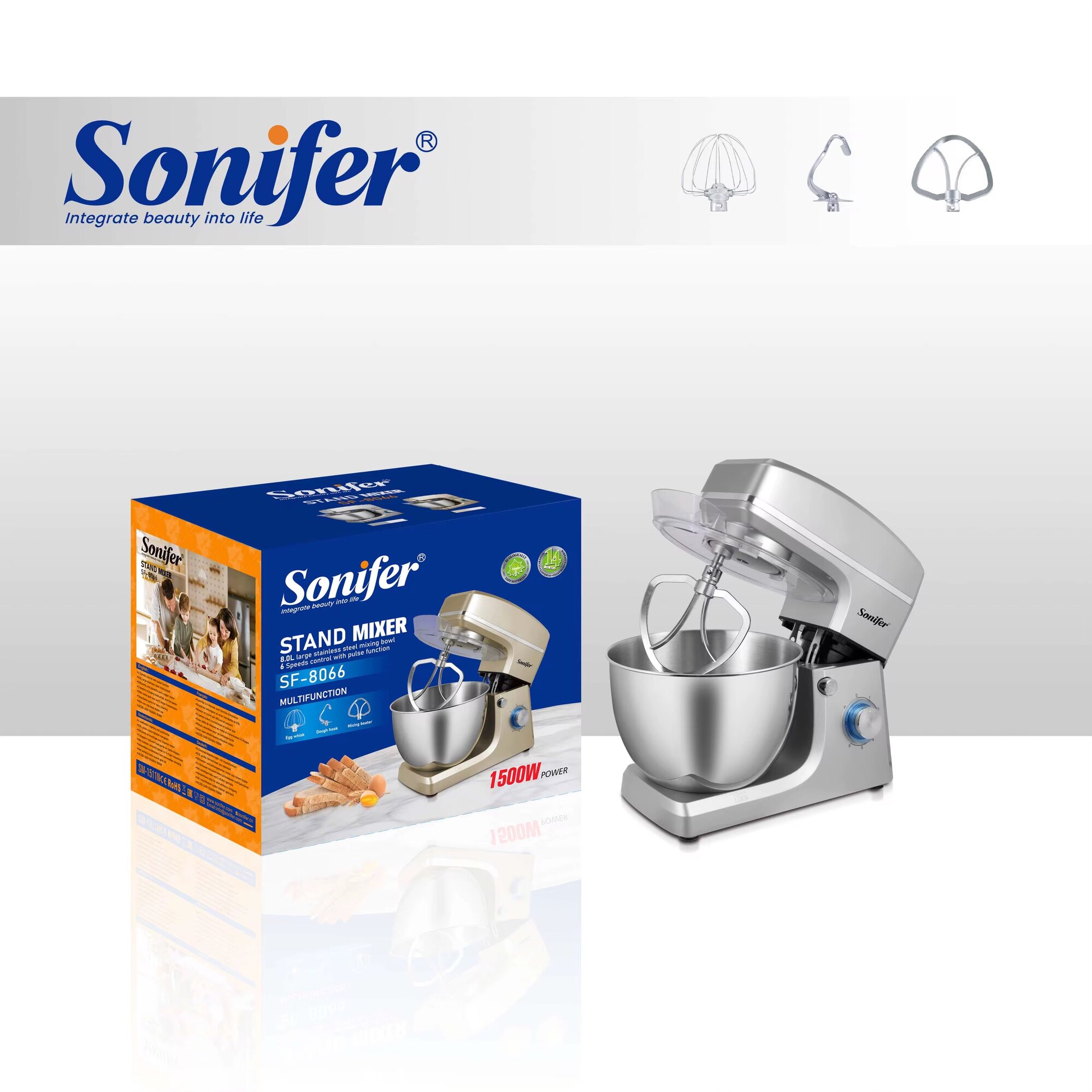 Миксер Sonifer SF-8066, планетарный, нержавеющая сталь, 8л, 1500Вт, 6 скоростей