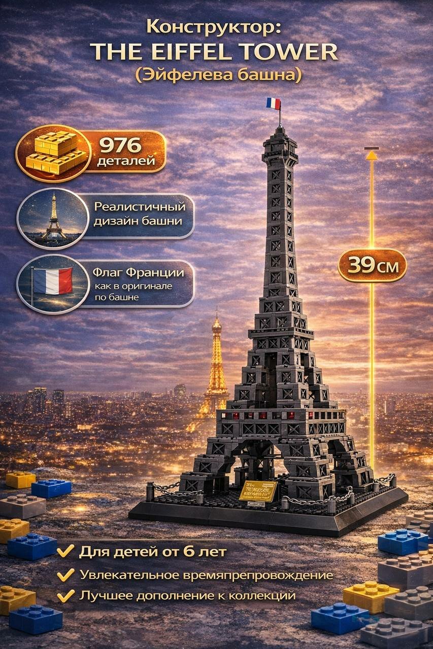 Конструктор Эйфелева башня 976 деталей, лёгкая пошаговая сборка для детей от 6 лет, высота 39 см