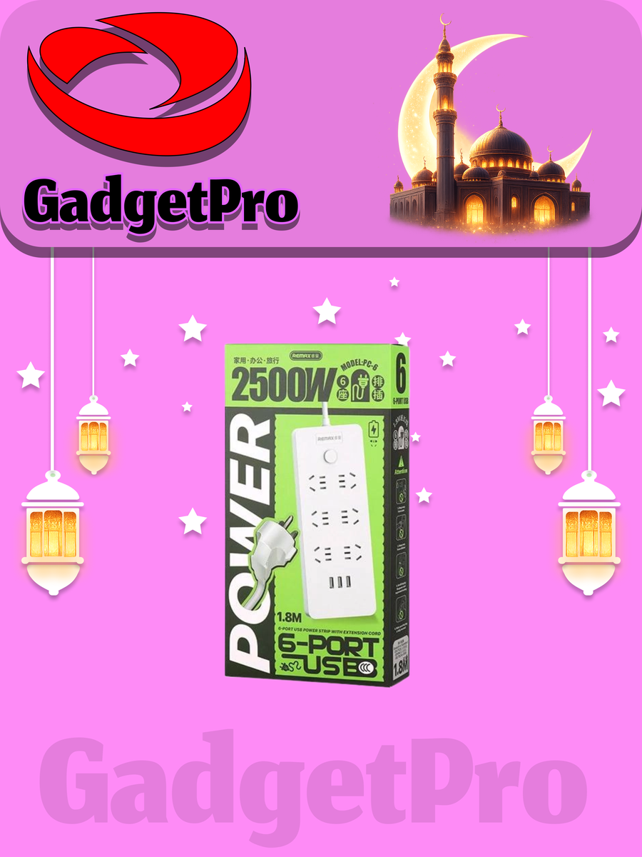 Сетевой фильтр-удлинитель Remax PC-6 (6 розеток + 6 USB) 2500W: защита от перенапряжения, современный дизайн.