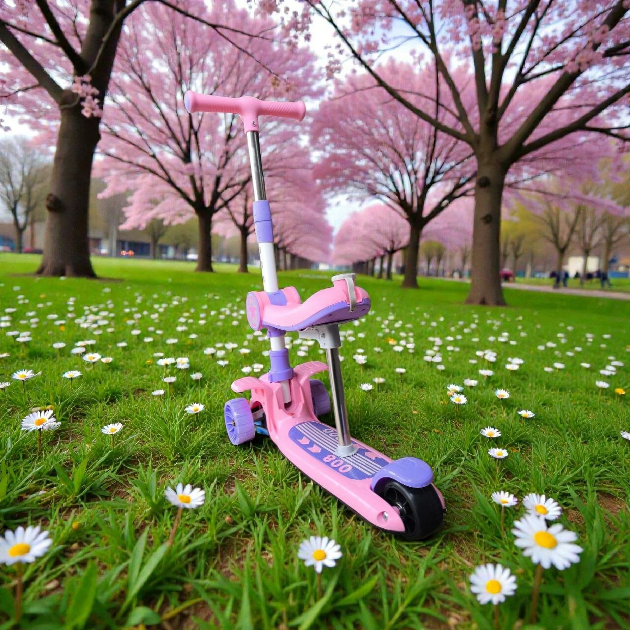 Самокат трех колесный с сидением музыкой и подсветкой розовый