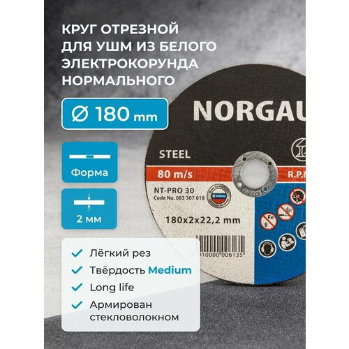 фото Отрезной диск 180 по металлу norgau industrial толщина 2 мм, посад. диаметр 22,2 мм для болгарки