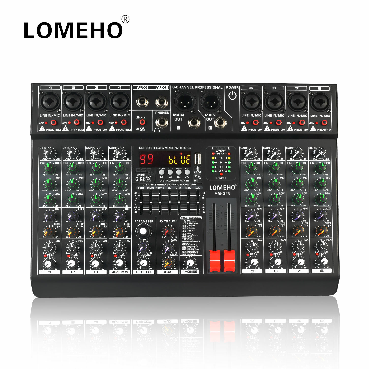 LOMEHO микшерный пульт 8-канальный аудиомикшер 99 эффектов 7-полосный эквалайзер 2 AUX 48 В USB Bluetooth DJ AM-GT8
