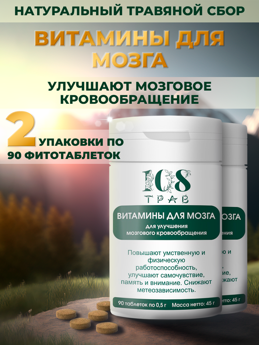 Травяной сбор Витамины для мозга, для улучшения памяти и внимания, с гинкго билоба / Набор из 2 банок по 90 таблеток.
